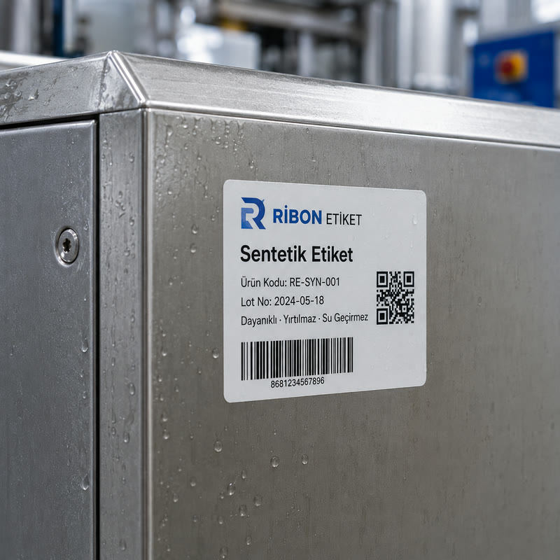 Islak metal makine yüzeyine uygulanmış Ribon Etiket sentetik etiketi