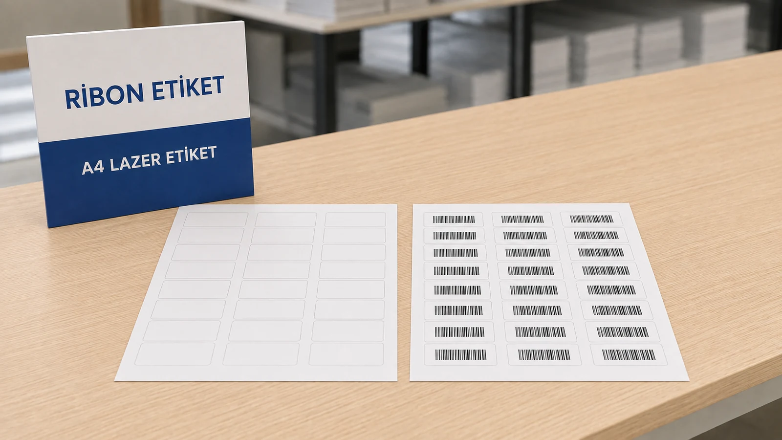 Boş ve temsili barkod baskılı A4 tabaka etiketlerin ürün görselleştirmesi.