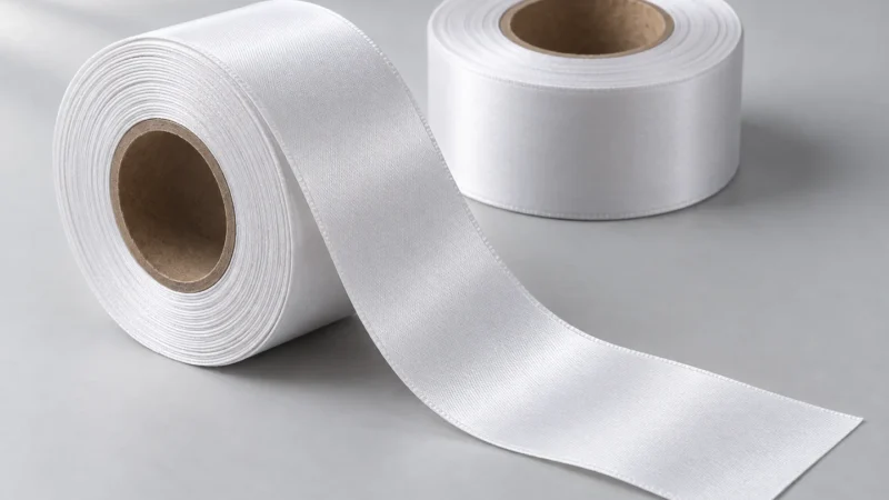 Parlak beyaz polyester saten etiketlik kumaş rulolarının temsili görünümü