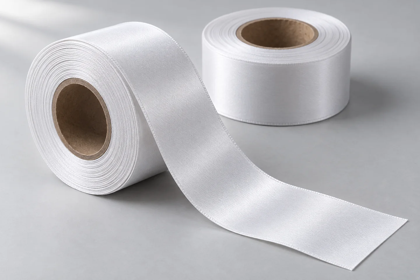 Parlak beyaz polyester saten etiketlik kumaş rulolarının temsili görünümü