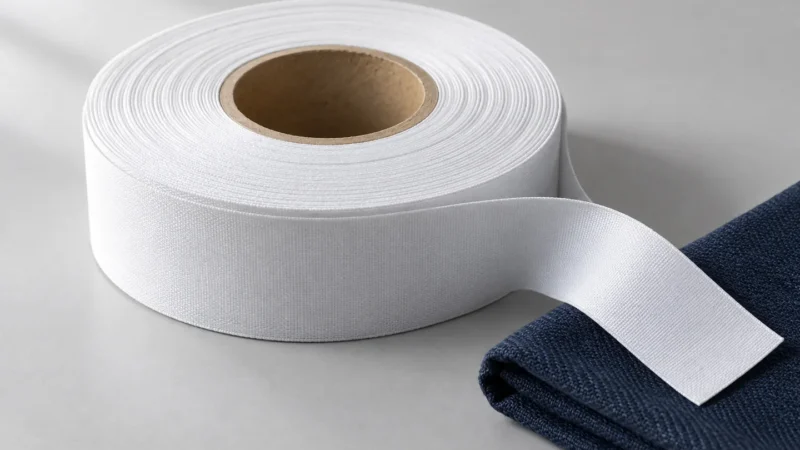 Koyu kumaş üzerinde beyaz polyester etiketlik şeridin temsili görünümü