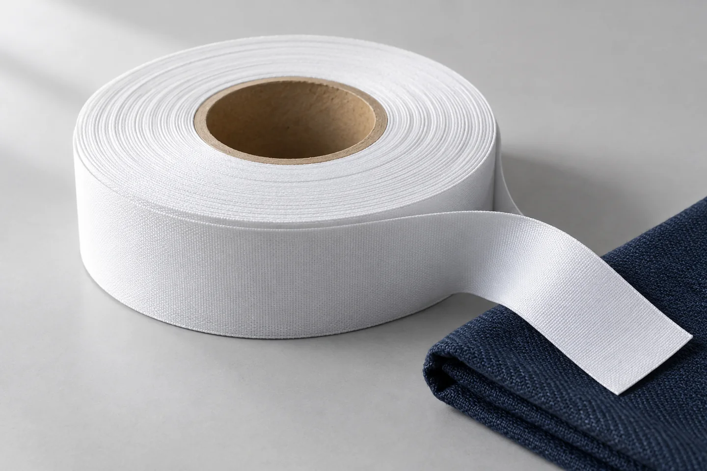 Koyu kumaş üzerinde beyaz polyester etiketlik şeridin temsili görünümü