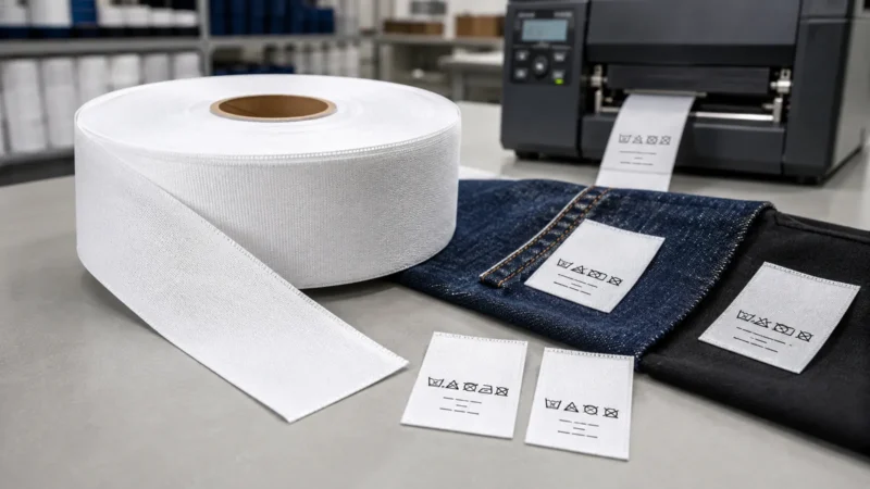 Beyaz polyester etiketlik kumaş rulosu, baskılı bakım etiketleri ve koyu tekstil numuneleri.