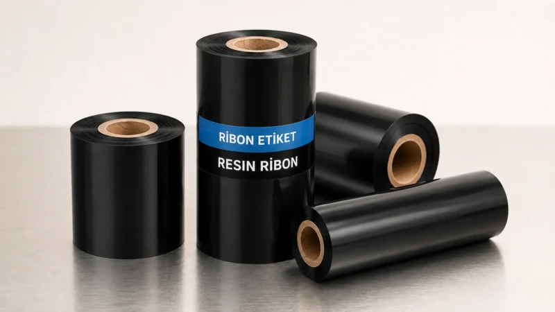 Ribon Etiket bantlı siyah resin termal transfer ribon ruloları ürün görselleştirmesi.