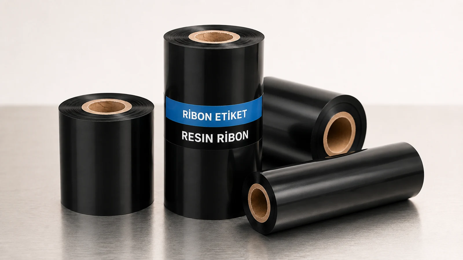 Ribon Etiket bantlı siyah resin termal transfer ribon ruloları ürün görselleştirmesi.