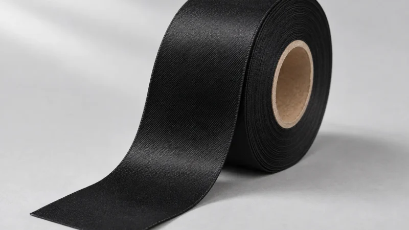 Siyah polyester etiketlik kumaş rulosu ve açılmış şeridin temsili görünümü