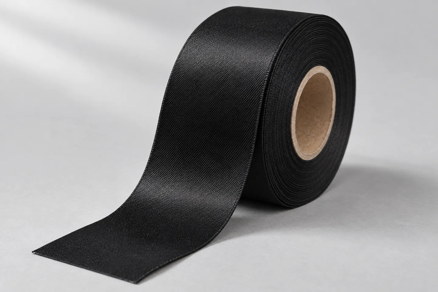 Siyah polyester etiketlik kumaş rulosu ve açılmış şeridin temsili görünümü