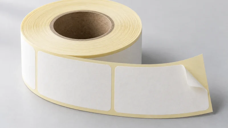 Sarı taşıyıcı üzerindeki mat vellum kağıt etiket rulosunun temsili görünümü