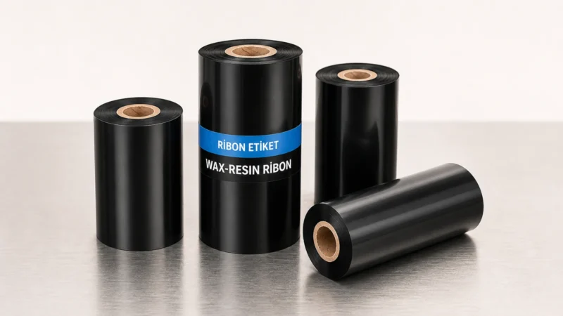 Ribon Etiket bantlı siyah wax-resin termal transfer ribon ruloları ürün görselleştirmesi.