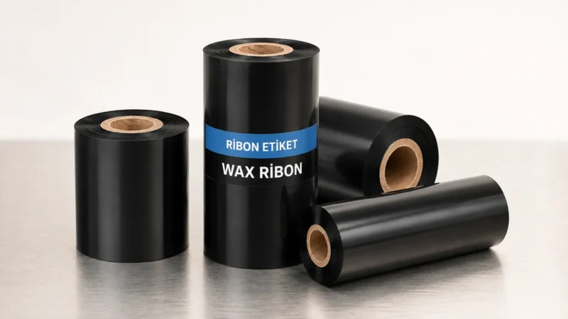 Ribon Etiket bantlı siyah wax termal transfer ribon ruloları ürün görselleştirmesi.