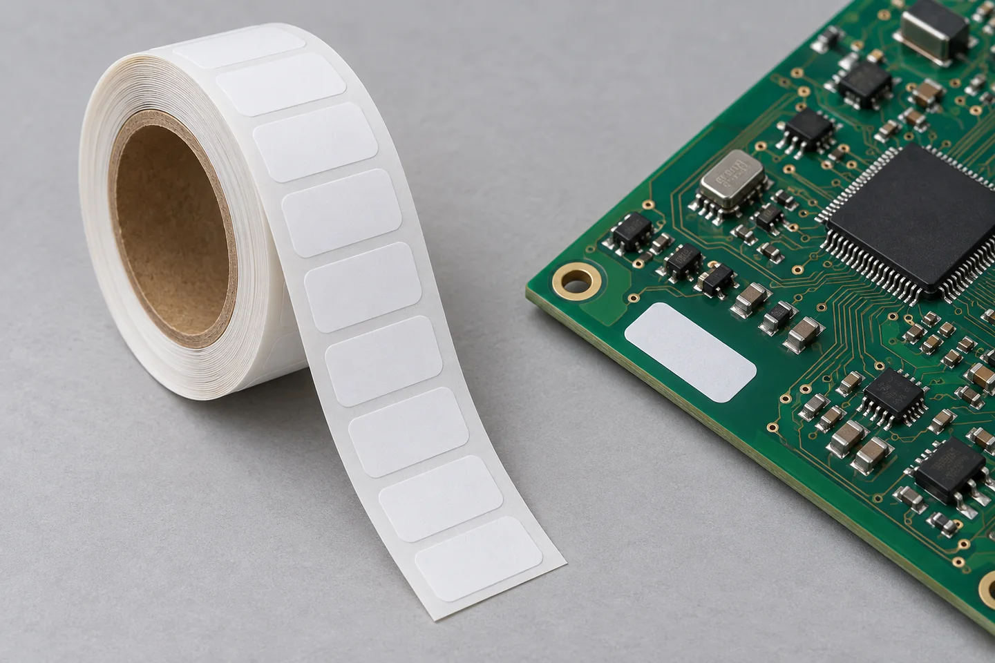 Beyaz polyimide etiket rulosu ve elektronik kart üzerindeki temsili uygulama