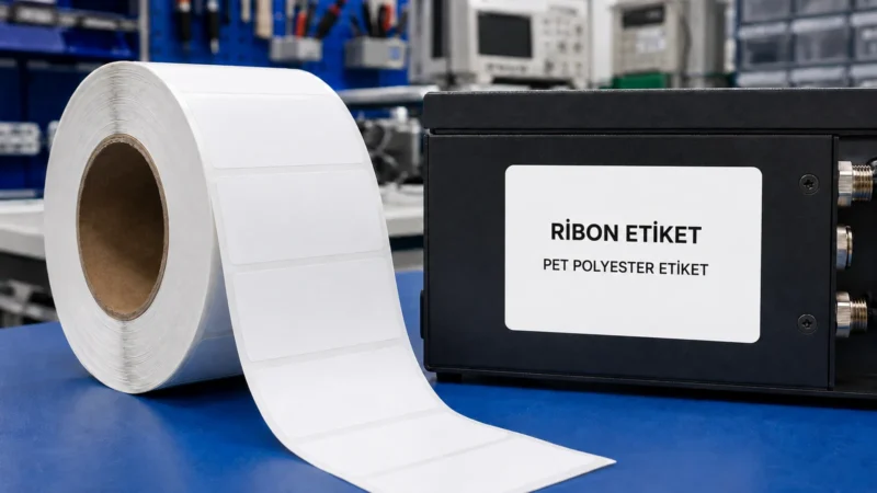 Beyaz PET polyester etiket rulosu ve ekipman üzerindeki temsili uygulama görselleştirmesi.