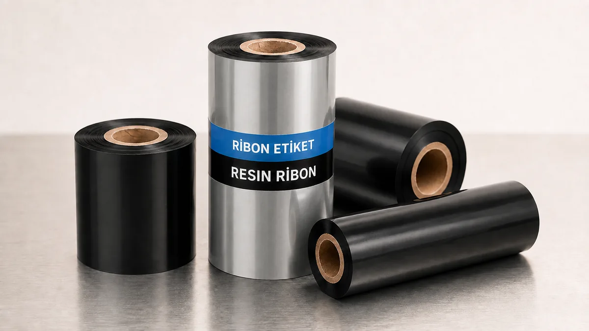 Gri dış kaplamalı Ribon Etiket marka bantlı resin rulosu ve siyah termal transfer ribon ruloları.