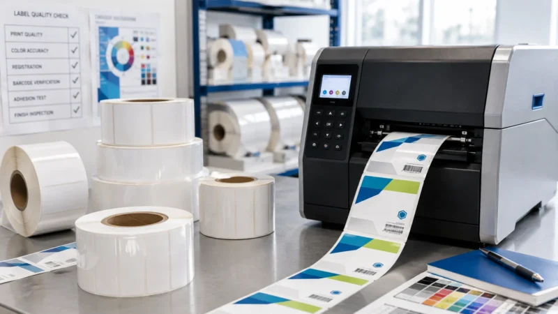 Renkli etiket basan inkjet rulo etiket yazıcısı ve boş yapışkan etiket rulolarının yapay zekâ görselleştirmesi.