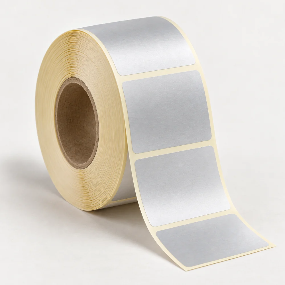 100×100 mm silvermat etiket rulosu, tek sıra, 40 mm göbek