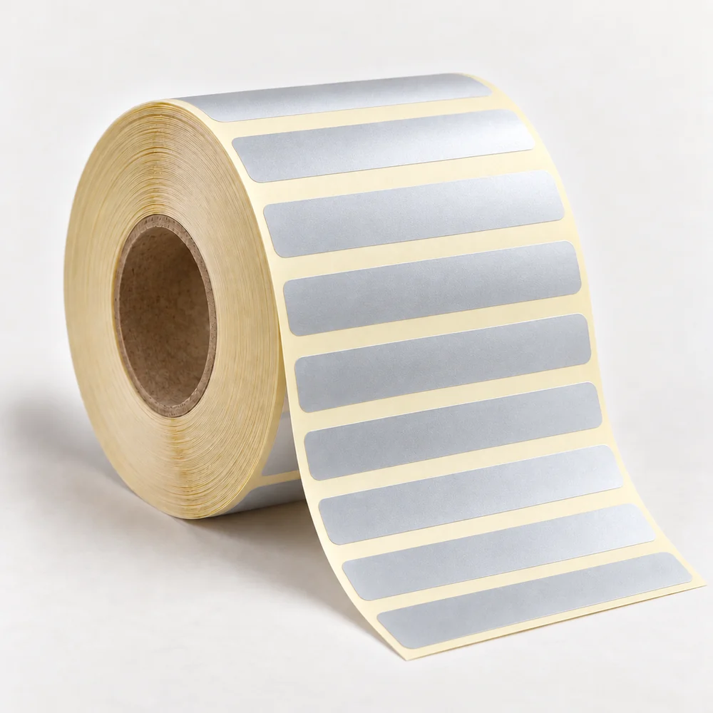 100×20 mm silvermat etiket rulosu, tek sıra, 40 mm göbek