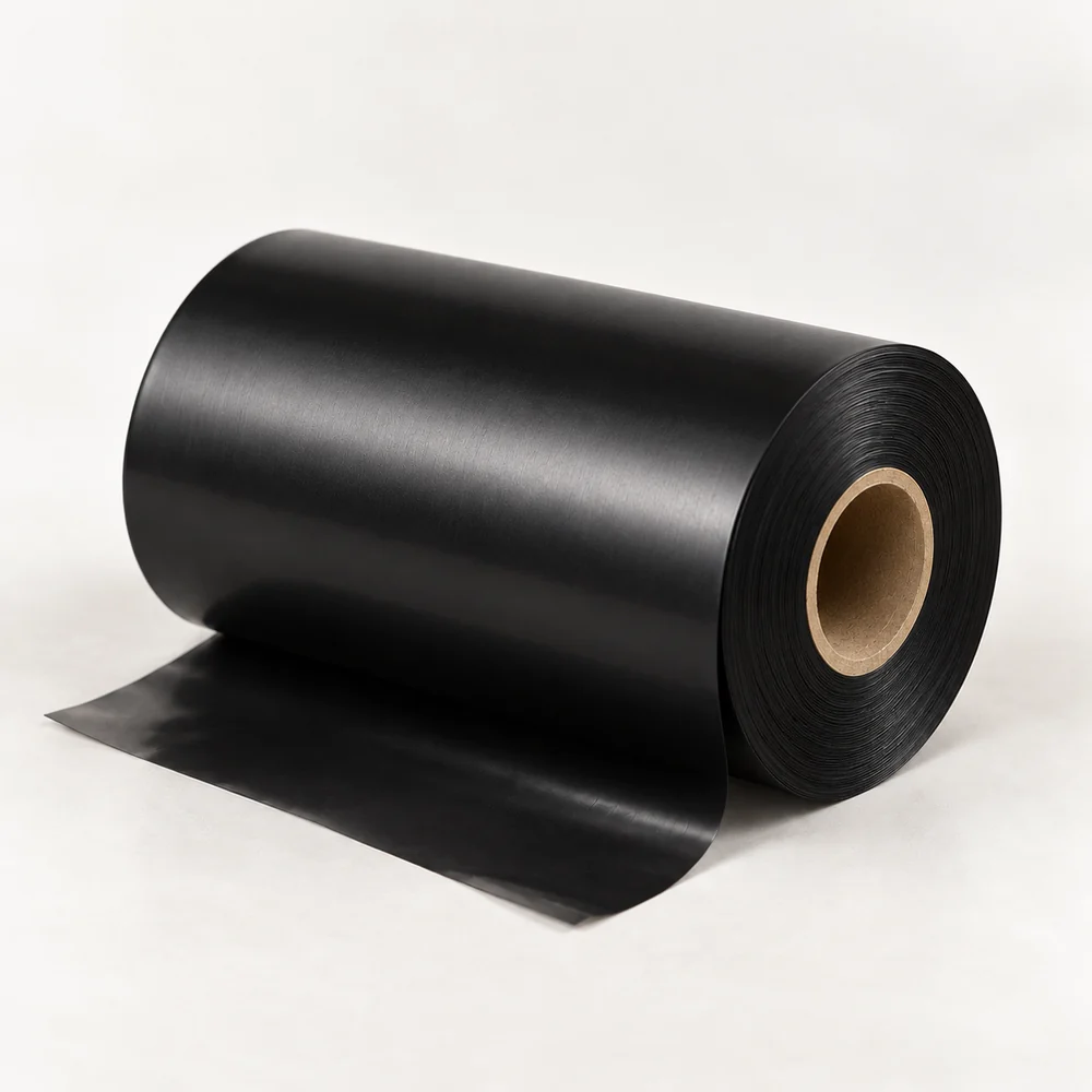 105 mm × 600 m siyah wax-resin ribon rulosu, 25,4 mm göbek