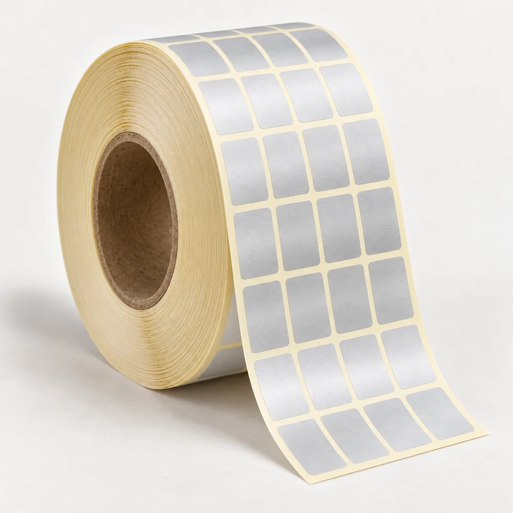 20×20 mm silvermat etiket rulosu, 4 sıra, 40 mm göbek