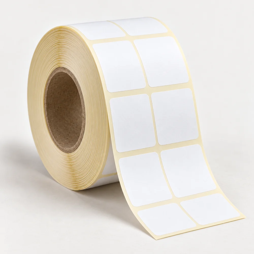 40×40 mm kuşe etiket rulosu, 2 sıra, 40 mm göbek