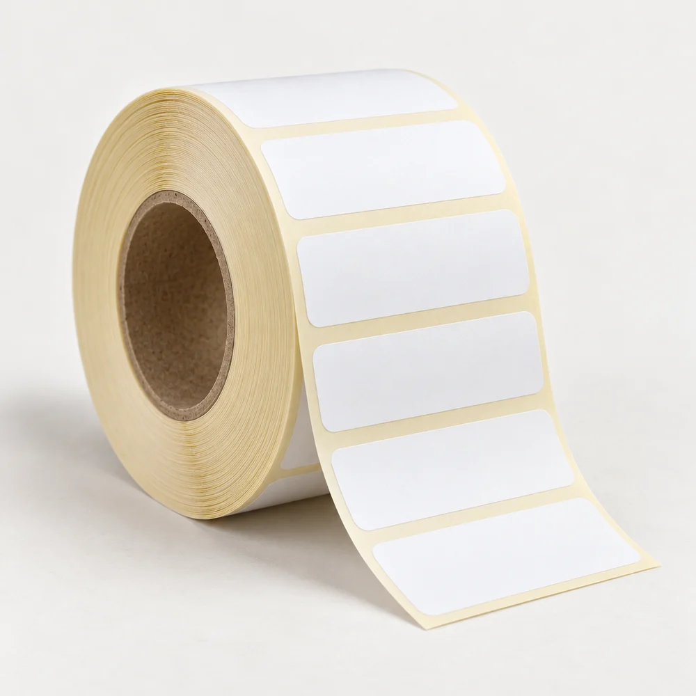 60×20 mm kuşe etiket rulosu, tek sıra, 40 mm göbek