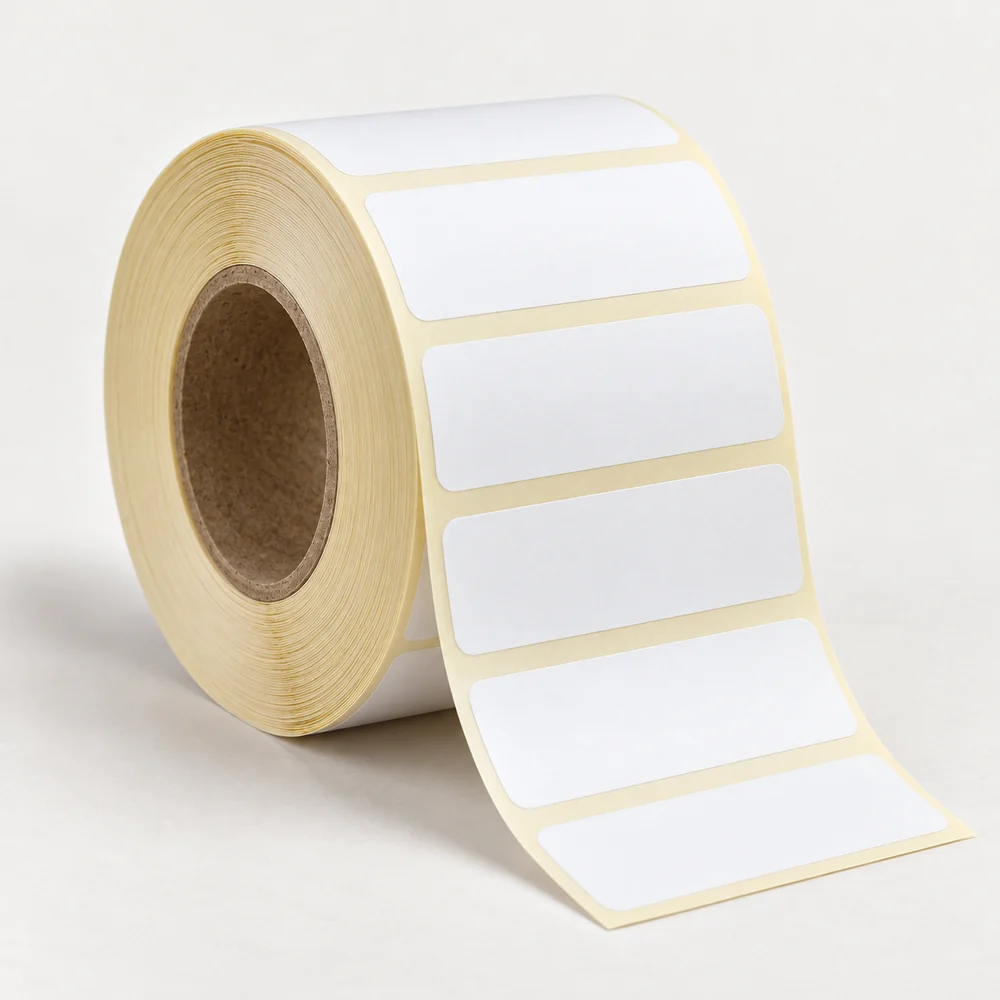 60×25 mm kuşe etiket rulosu, tek sıra, 40 mm göbek