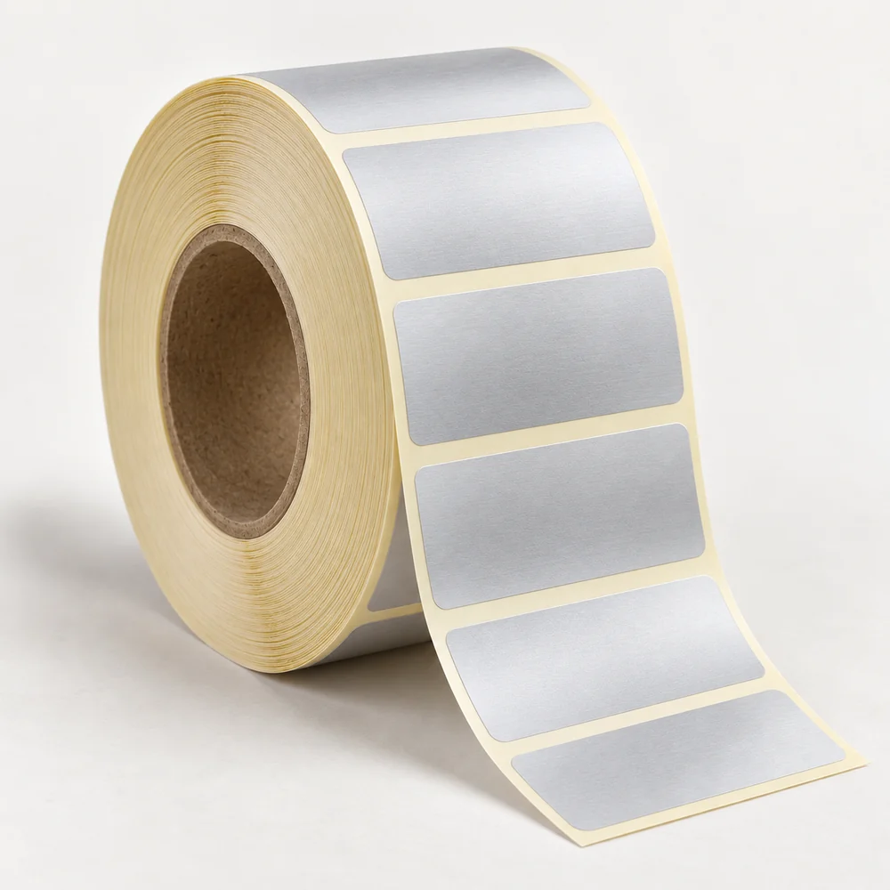 60×25 mm silvermat etiket rulosu, tek sıra, 40 mm göbek