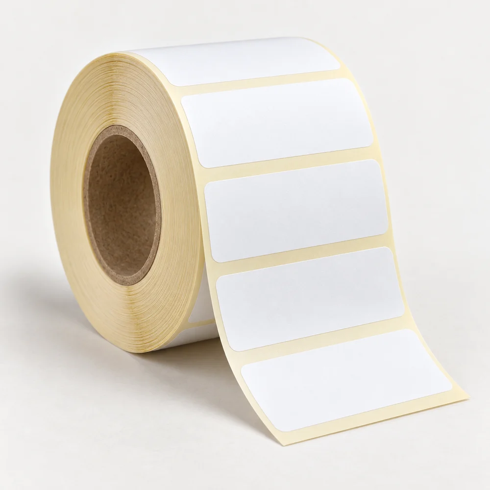 80×30 mm kuşe etiket rulosu, tek sıra, 40 mm göbek