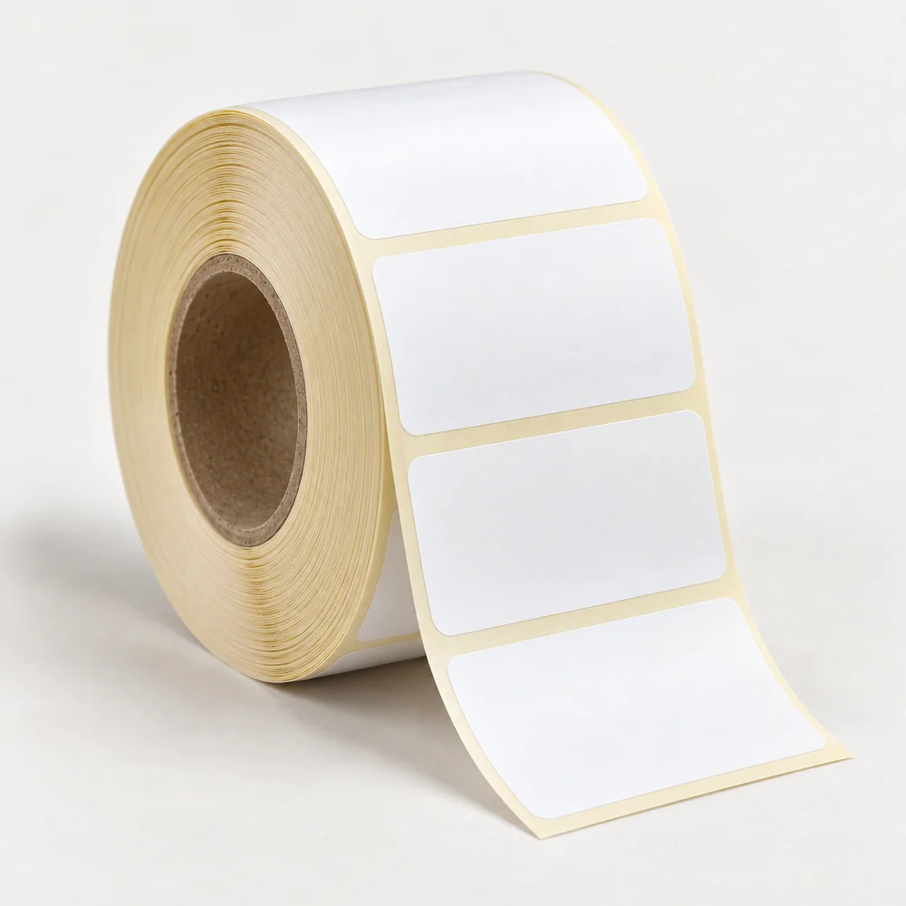 80×60 mm kuşe etiket rulosu, tek sıra, 40 mm göbek