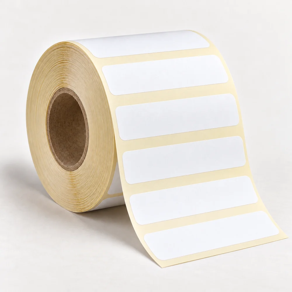 90×30 mm kuşe etiket rulosu, tek sıra, 40 mm göbek