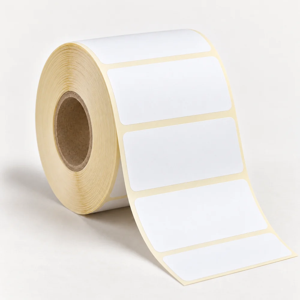 90×60 mm kuşe etiket rulosu, tek sıra, 40 mm göbek