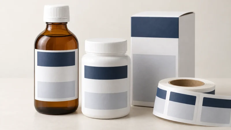 Şurup şişesi, beyaz vitamin kabı ve kutu üzerinde temsili ambalaj etiketleri