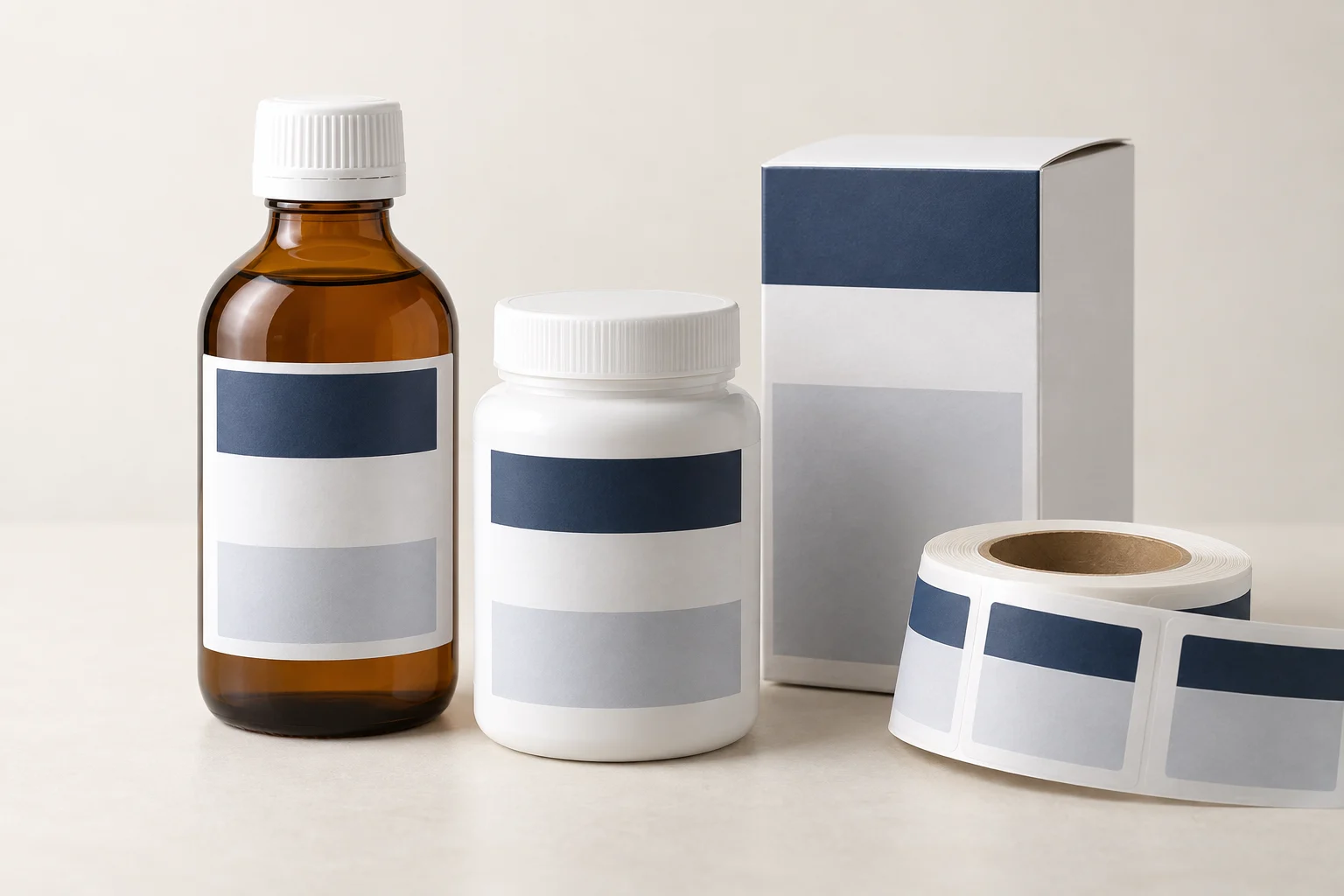 Şurup şişesi, beyaz vitamin kabı ve kutu üzerinde temsili ambalaj etiketleri